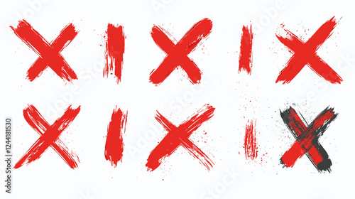 Red cross brush stroke x sign. Check mark icon vector crosses isolated on a white background. Ink illustration
