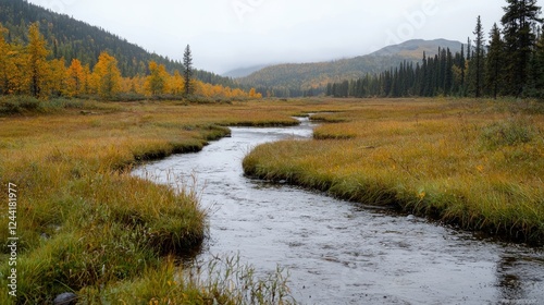 Autumnal creek meandering through valley, misty mountains