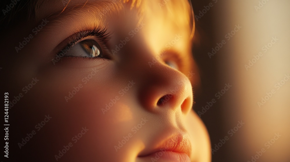 Fototapeta premium Child gazing sunset window, hope, indoors