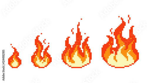 Burning pixel fire ignition. Small red bonfire turning into fiery hell consequences of explosion blazing with raging vector flame.
