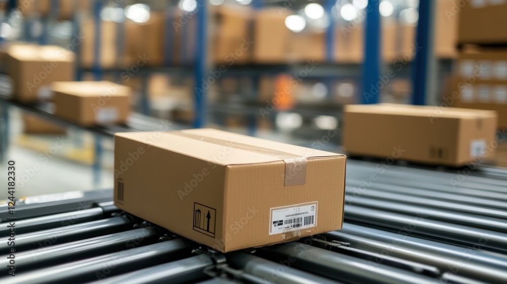 Cardboard boxes on conveyor belt in warehouse, logistics Cardboard boxes on conveyor belt in warehouse, logistics