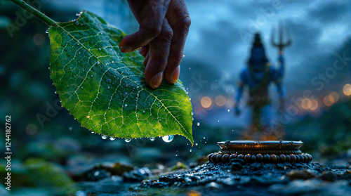 Sacred Leaf Offering to Shivalinga with Lord Shiva in the Background