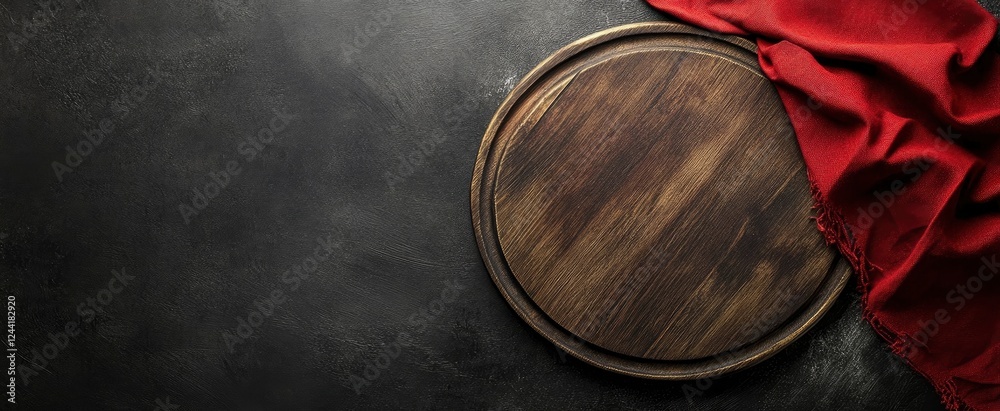 Obraz premium Dark grey background with an empty wooden round pizza board and a red napkin on top view, flat lay, banner mock-up for a menu or restaurant advertising concept. 