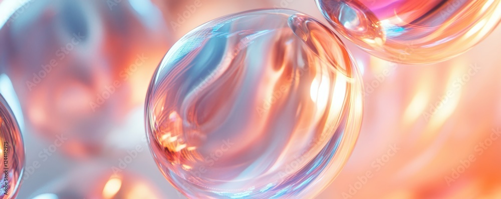 Abstract iridescent spheres glow, warm background, science/beauty Abstract iridescent spheres glow, warm background, science/beauty