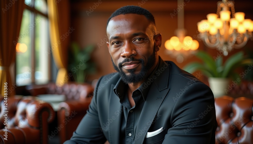 Fototapeta premium A portrait of a confident African American man in a black suit, sitting in a stylish lounge with warm lighting, representing success, elegance, and empowerment.