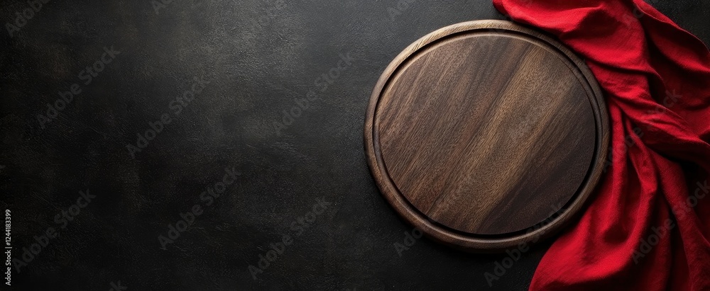 Obraz premium Dark grey background with an empty wooden round pizza board and a red napkin on top view, flat lay, banner mock-up for a menu or restaurant advertising concept. 