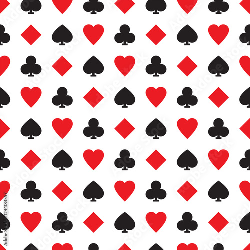 Playing cards pips seamless vector pattern. Diamonds, hearts, clubs and spades illustration background.