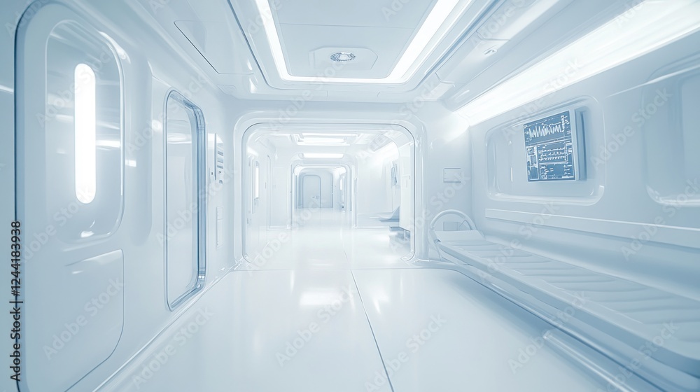 Futuristic spaceship corridor, sleek design, bright lighting, medical bay background, science fiction film set Futuristic spaceship corridor, sleek design, bright lighting, medical bay background, science fiction film set