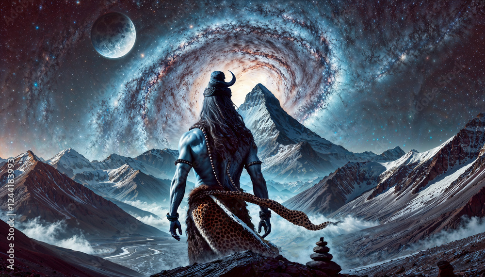 custom made wallpaper toronto digitalLord Shiva standing on a mountain peak, gazing at a swirling galaxy above a snow-covered Himalayan landscape.