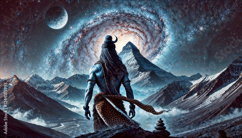 Lord Shiva standing on a mountain peak, gazing at a swirling galaxy above a snow-covered Himalayan landscape.