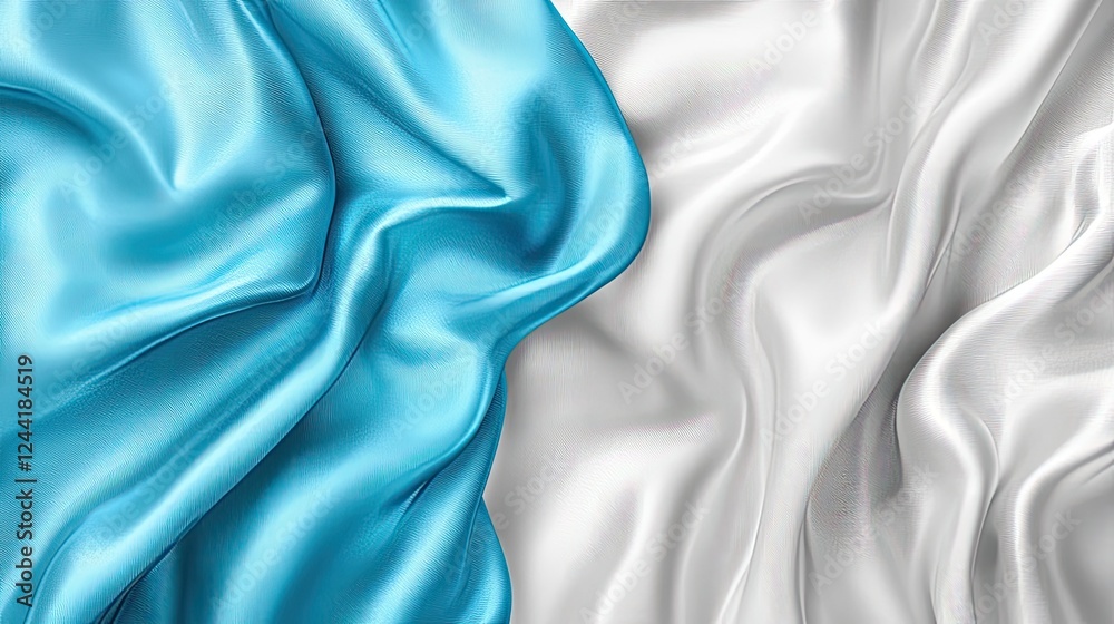 Freshly laundered silk satin fabric in silver, white, and light blue. Soft, clean, and flowing, ideal for product backgrounds. Freshly laundered silk satin fabric in silver, white, and light blue. Soft, clean, and flowing, ideal for product backgrounds.