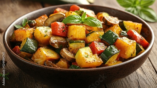 Roasted vegetables, colorful medley in bowl on rustic wood table with herbs
