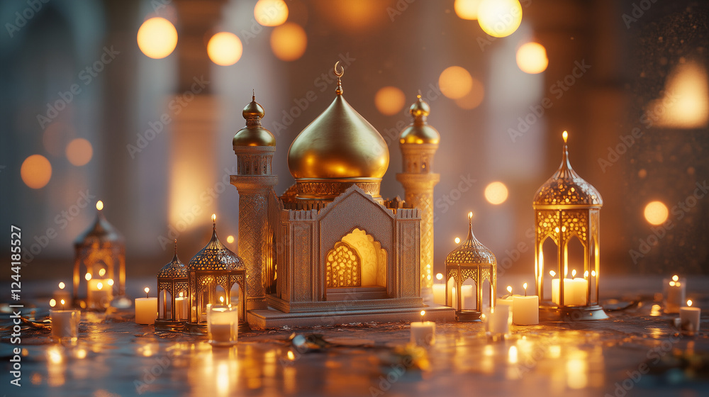 Obraz premium Elegant Ramadan mini mosque with gold domes and lanterns