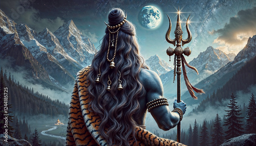 Lord Shiva Gazing Over a Moonlit Himalayan Valley
