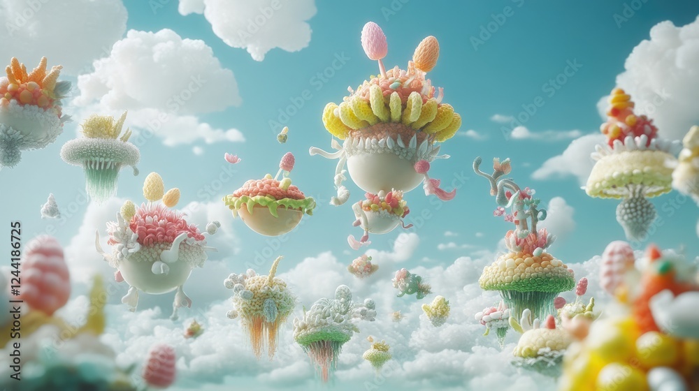 A whimsical landscape of floating islands adorned with colorful, edible-like structures. A whimsical landscape of floating islands adorned with colorful, edible-like structures.