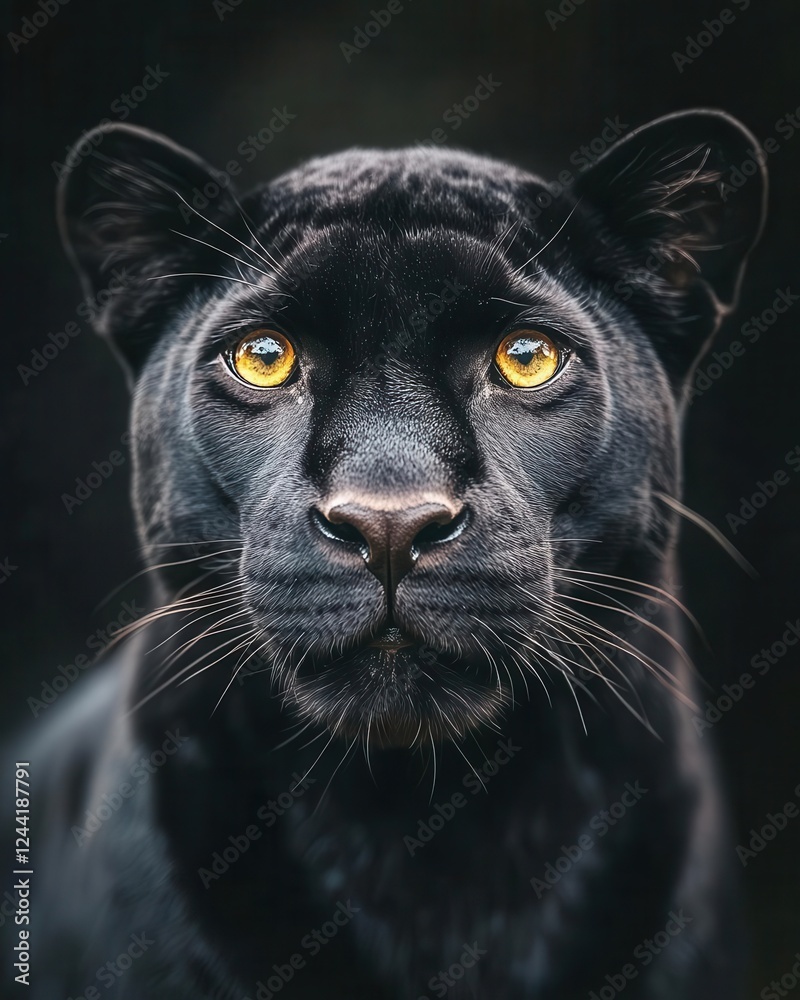 Black Panther Staring Intensely with Bright Yellow Eyes Against a Deep Black Background Black Panther Staring Intensely with Bright Yellow Eyes Against a Deep Black Background