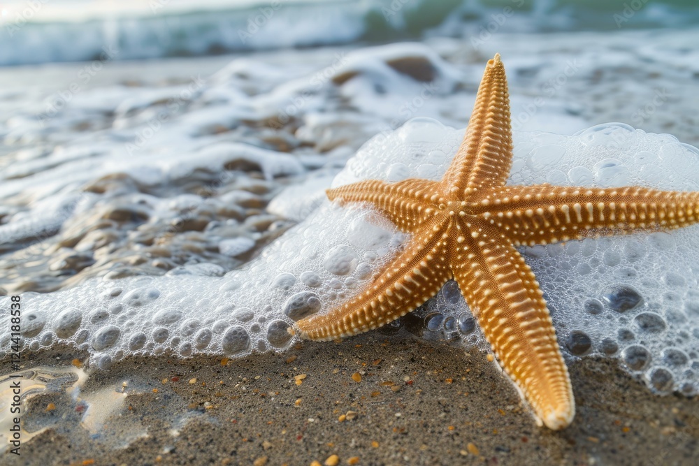 Orange starfish lies on wet sand with sea foam, waves washing ashore on a sunny day Orange starfish lies on wet sand with sea foam, waves washing ashore on a sunny day