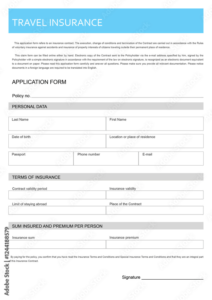 Travel insurance application form with places to fill in Travel insurance application form with places to fill in