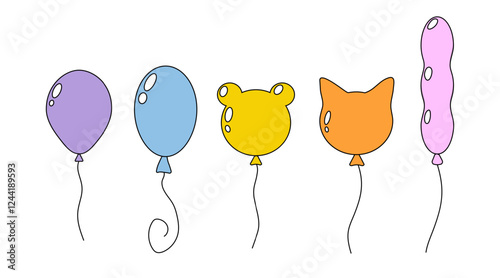 Colorful cartoon balloons shaped like animals and objects for a festive celebration