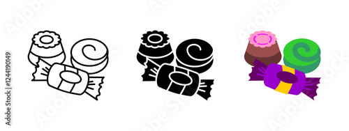 Candies sweets icon. Confectionery dessert vector illustration. Sugar chocolate treats symbol. Wrapped caramel snack sign. Colorful bonbon sugary delight design. Candies assortment pictogram.