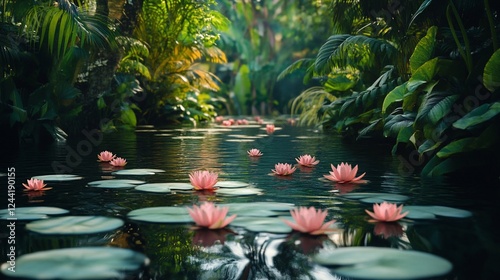 Fototapeta Naklejka Na Ścianę i Meble -  Tranquil pink lotus flowers float on calm jungle stream