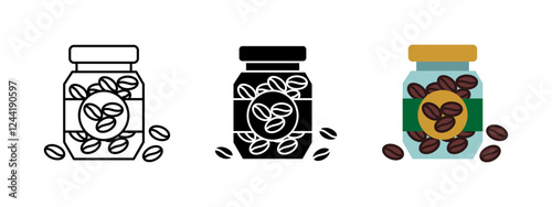 Coffee jar icon. Roasted beans vector illustration. Storage container packaging symbol. Fresh aromatic caffeine sign. Sealed glass cafe product concept. Coffee can pictogram.