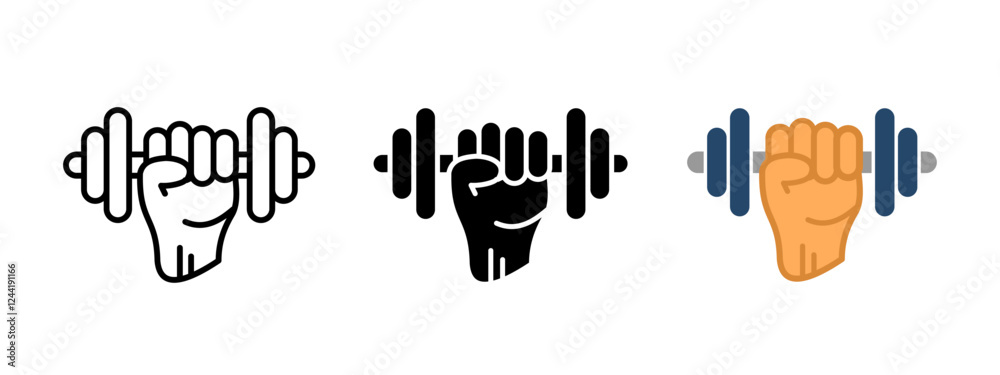 Obraz premium Strength training icon. A clenched fist holding a dumbbell vector illustration. Fitness and workout symbol. Gym and bodybuilding sign. Powerlifting and endurance pictogram.