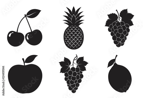 set of fruits vector icons  silhouette on white background