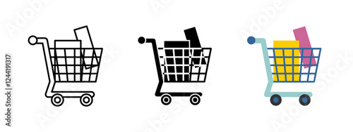 Shopping cart icon. Grocery products vector illustration. Market basket symbol. Retail store sign. Supermarket purchase pictogram. Food commerce concept.
