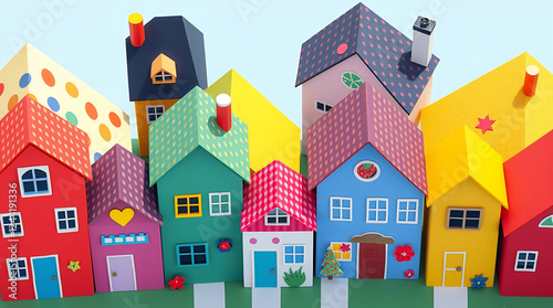 Colorful Small Houses Models Row for travel educational materials, real estate, and neighborhood community designs.