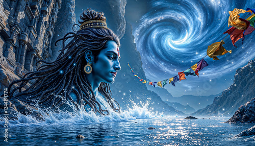 Lord Shiva Emerging from Cosmic Ocean with Galactic Vortex