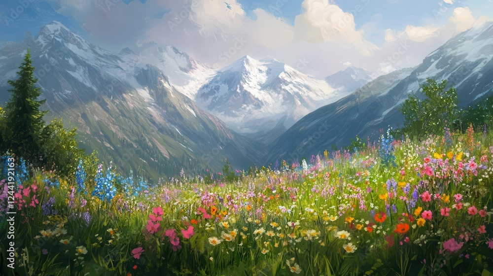Obraz premium Colorful Spring Mountain Meadow with Vibrant Wildflowers and Panoramic Alpine Views