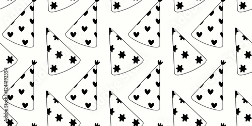 Festive patterns with hearts and stars on party hats for joyful celebrations