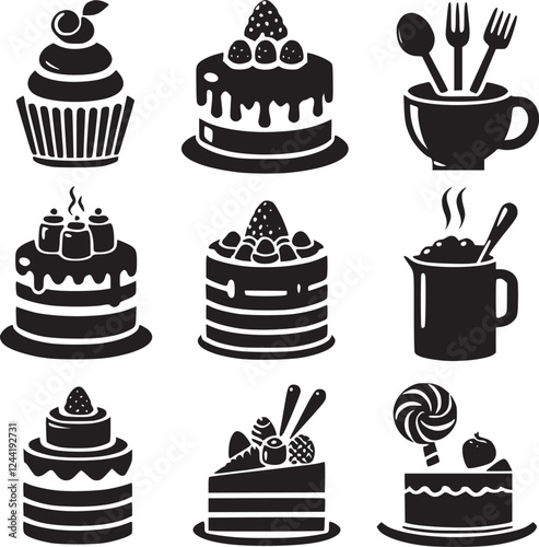 set of cakes and sweets