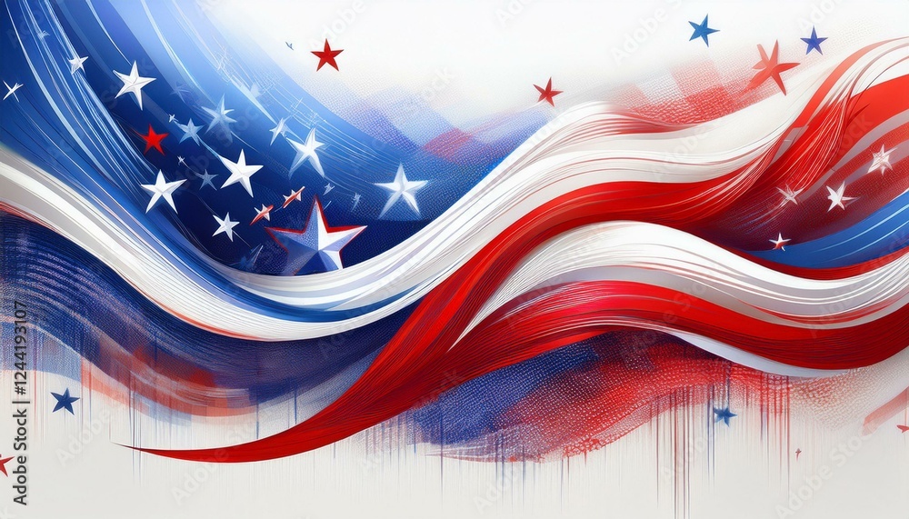 Fototapeta premium USA colors, stars and stripes amercian flag abstract bright design Independence Day modern white background