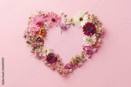 Creative layout with pink flowers, paper heart over punchy pastel background. Top view, flat lay. Spring, summer or garden concept. Present for Woman day