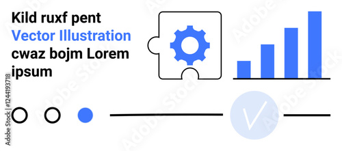 Gear puzzle piece and blue bar chart representing business progress. Includes abstract text samples in different colors and circular icons. Ideal for business strategy, data analysis, project