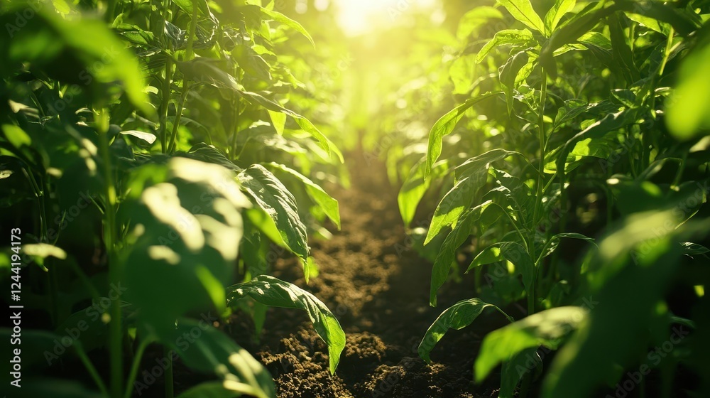 Fototapeta premium Crop Plants Growing in a Sunlit Field Under a Bright Blue Sky for Agricultural Campaigns