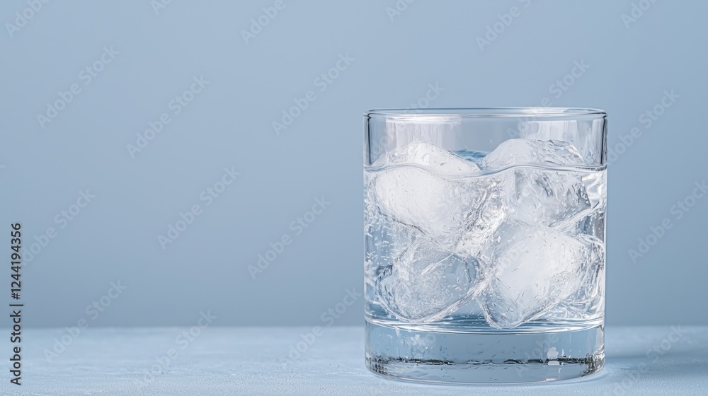 Clear glass of ice water on light blue background with ice cubes Clear glass of ice water on light blue background with ice cubes