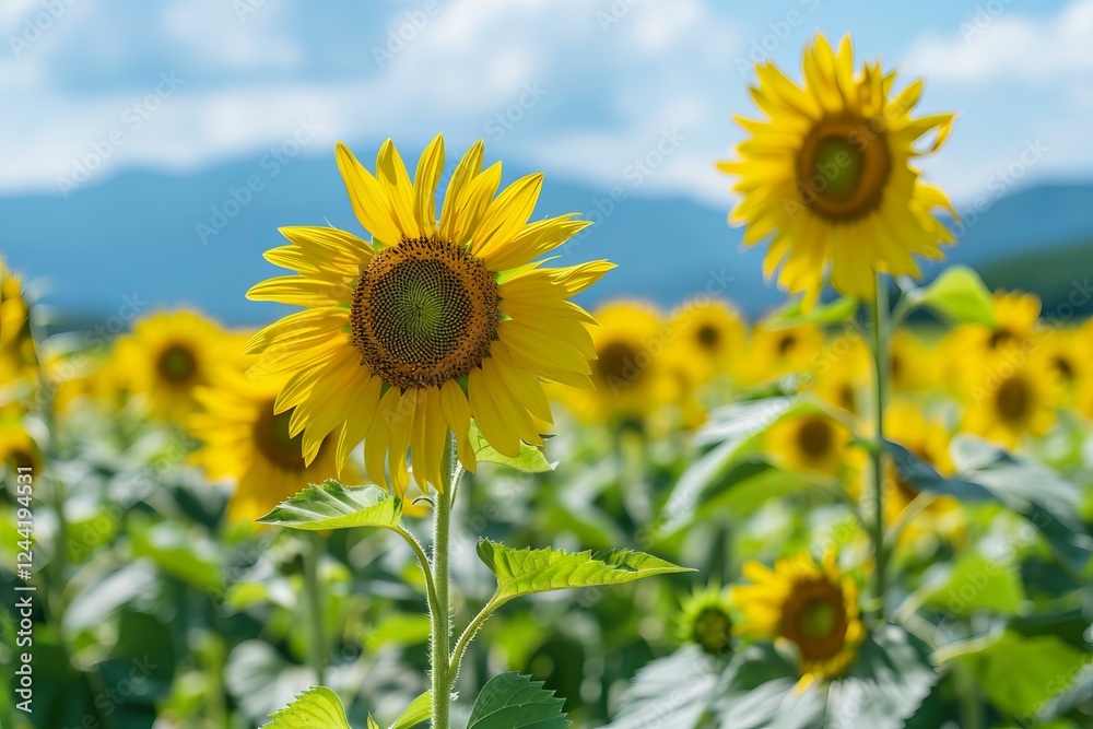 Field of sunflowers blooming under a summer sky Field of sunflowers blooming under a summer sky