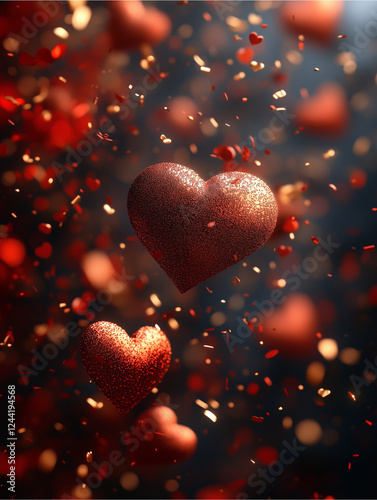 A Symphony of Hearts:  A mesmerizing arrangement of crimson hearts dances in a swirling vortex of golden confetti, evoking a sense of love, passion, and joy, perfect for Valentine's Day, wedding.