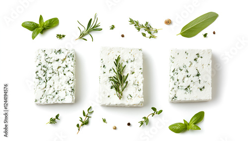 Greek Feta Cheese isolated on white background, top view. Fresh Feta cheese seasoning with herbs