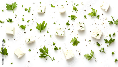 Greek Feta Cheese isolated on white background, top view. Fresh Feta cheese seasoning with herbs
