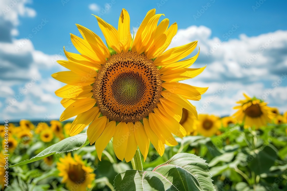 Close up of a sunflower blooming in a field, with other sunflowers and a cloudy sky in the background Close up of a sunflower blooming in a field, with other sunflowers and a cloudy sky in the background