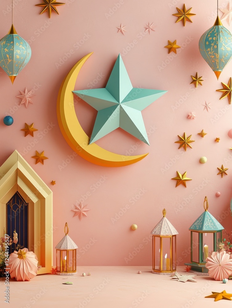 Obraz premium Festive Ramadan Background Pastel Moon Star Lanterns Decorations