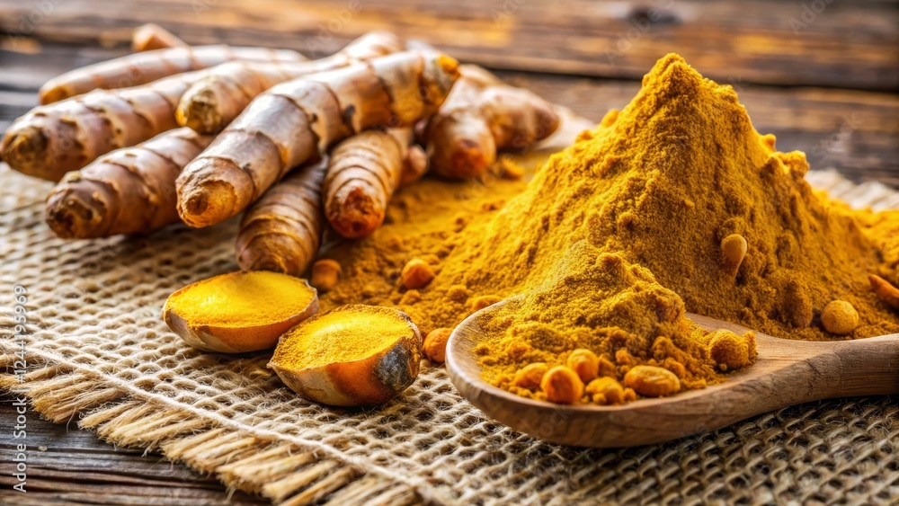 Fresh Turmeric Root with Powder and Cut Pieces on Rustic Surface