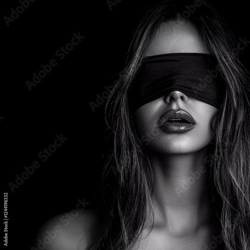 Woman with blindfolded eyes, dark mode, b&w, Generative AI