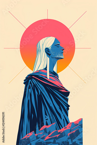 Serene  Sun Gaze: A minimalist illustration of a figure with long flowing hair and a blue robe, silhouetted against a vibrant orange sun and stark landscape, evokes a sense of calm and introspection. photo