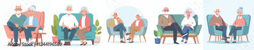 vector set of grandfather and grandmother sitting relaxed on a chair