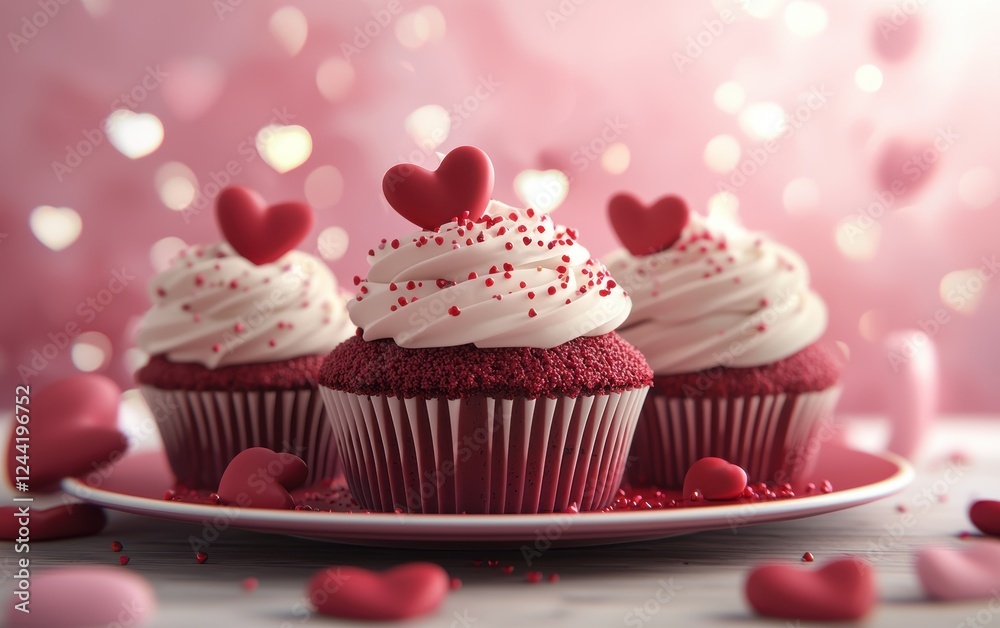 Plate of red velvet cupcakes with heart sprinkles on a dreamy Valentine-themed background Plate of red velvet cupcakes with heart sprinkles on a dreamy Valentine-themed background